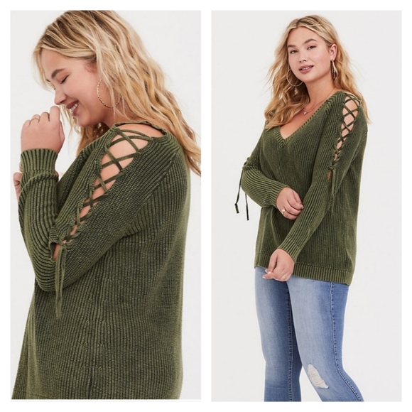 torrid Sweaters - Torrid Lace Up Sleeve Distress Olive Green Sweater